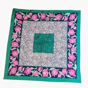 Floral Pattern Satin Scarf 28x28 Green Pink Rose